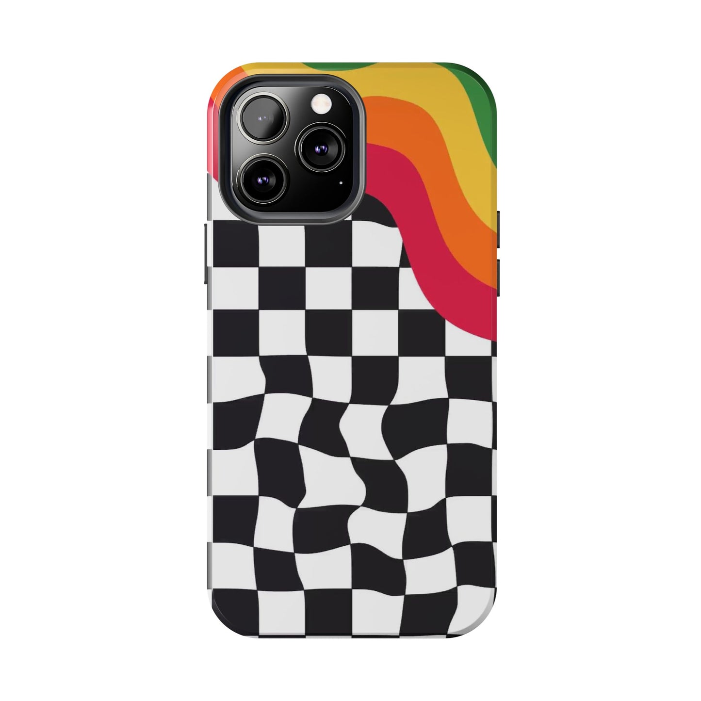Retro Wavy Checkerboard Tough Phone Case — Rainbow Surf Skate Design