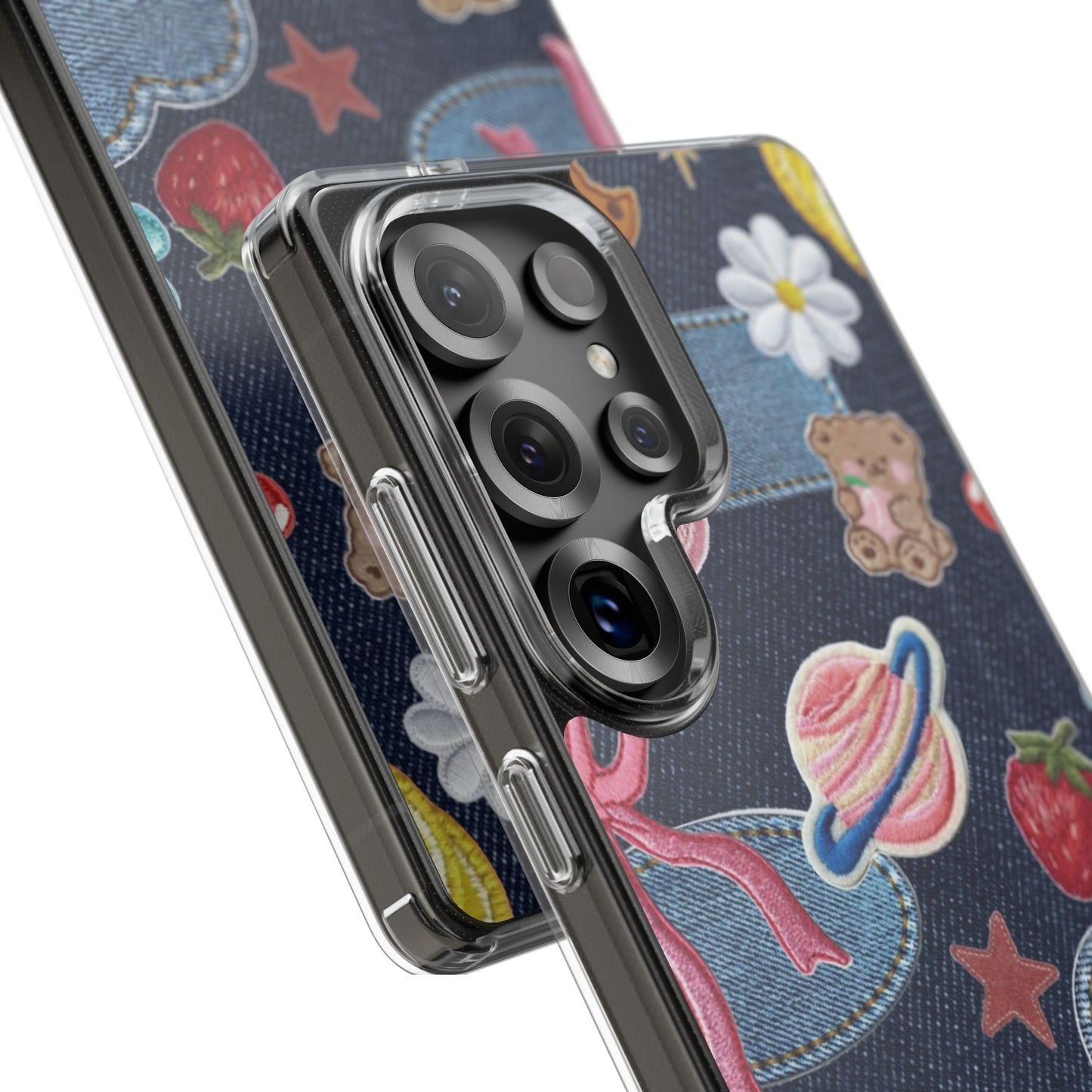 Clear Impact-Resistant Phone Case — Cute Denim Patch Collage (Teddy, Strawberry, Planet)