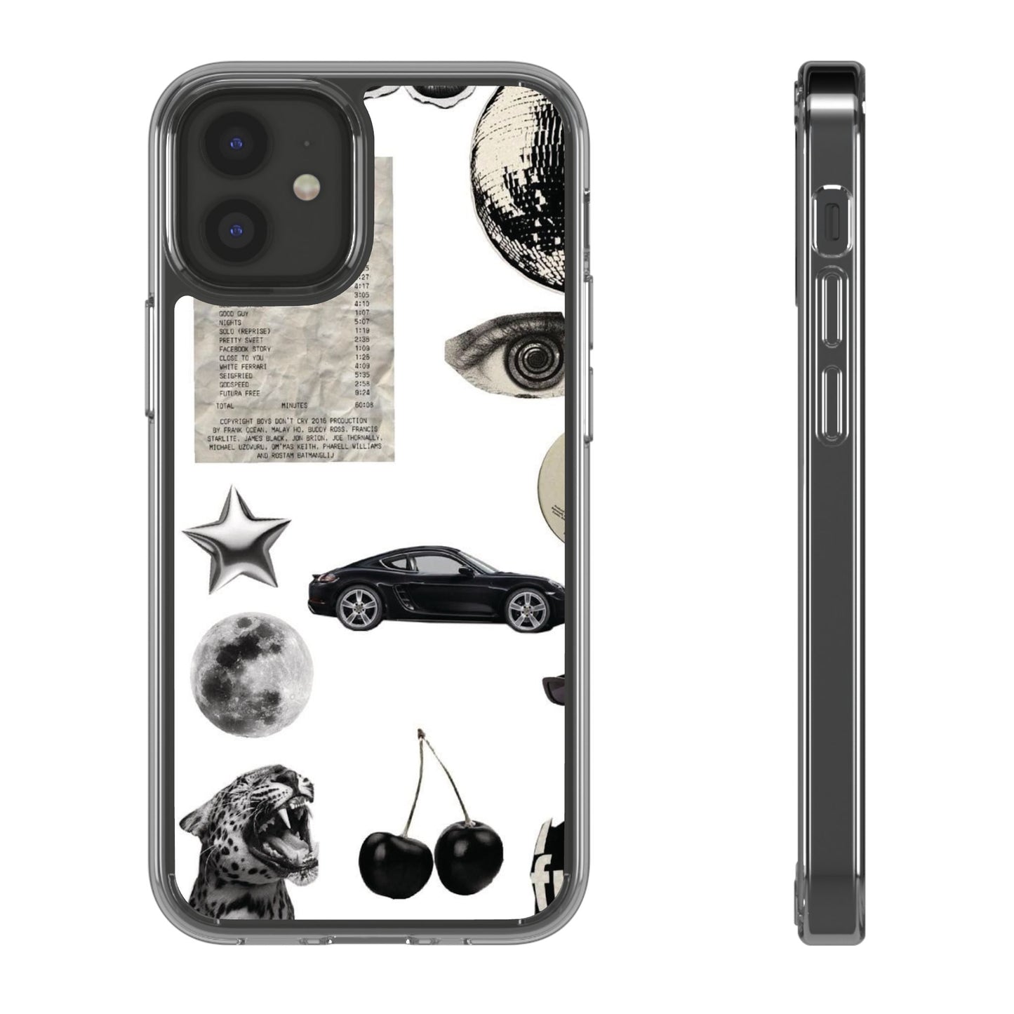 Clear Phone Case — Vintage Collage Stickers (Moon, Eye, Car, Cherries)
