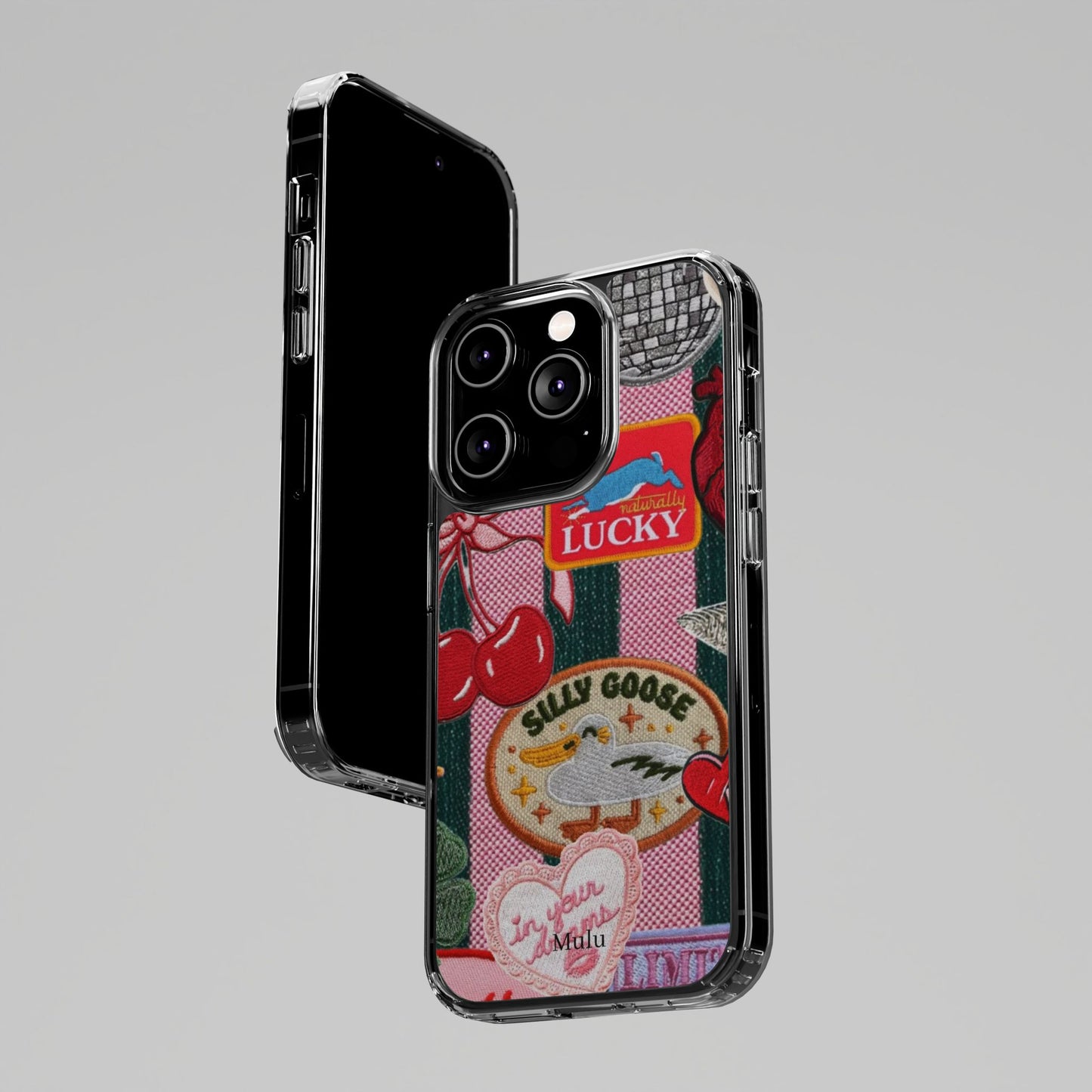 Clear Impact-Resistant Phone Case — Retro Patchwork Stickers (Lucky, Cherries, Silly Goose)