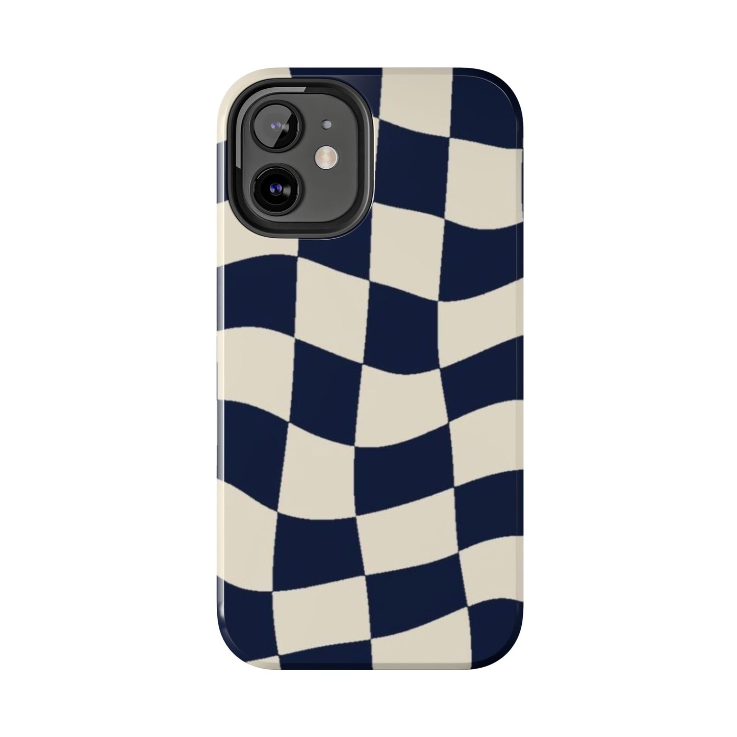 Wavy Checkerboard Tough Phone Case — Navy & Cream Protective Cover
