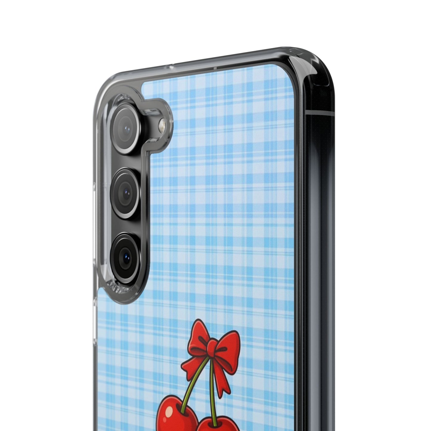 Clear Cherry Gingham Phone Case — Impact-Resistant Clear Case with Red Cherry Design