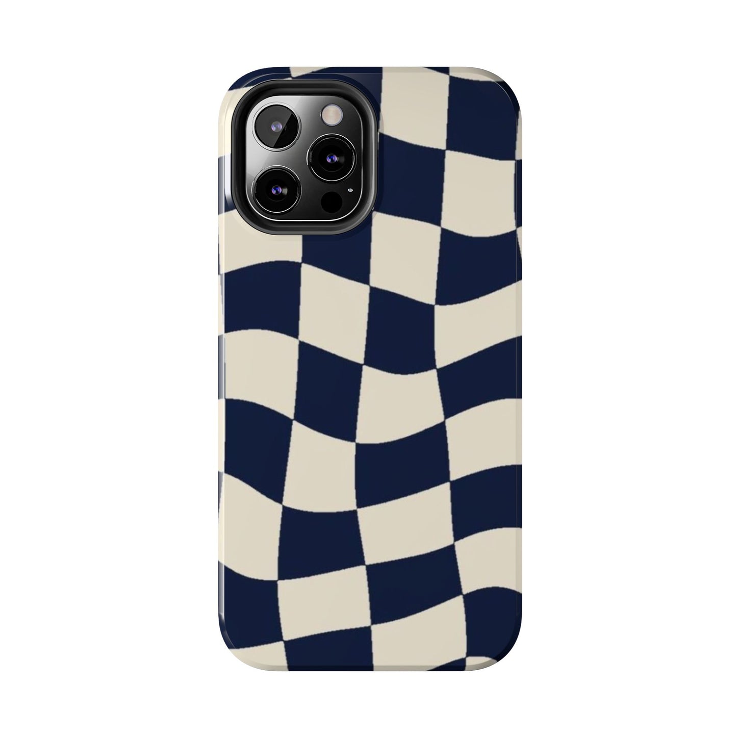 Wavy Checkerboard Tough Phone Case — Navy & Cream Protective Cover