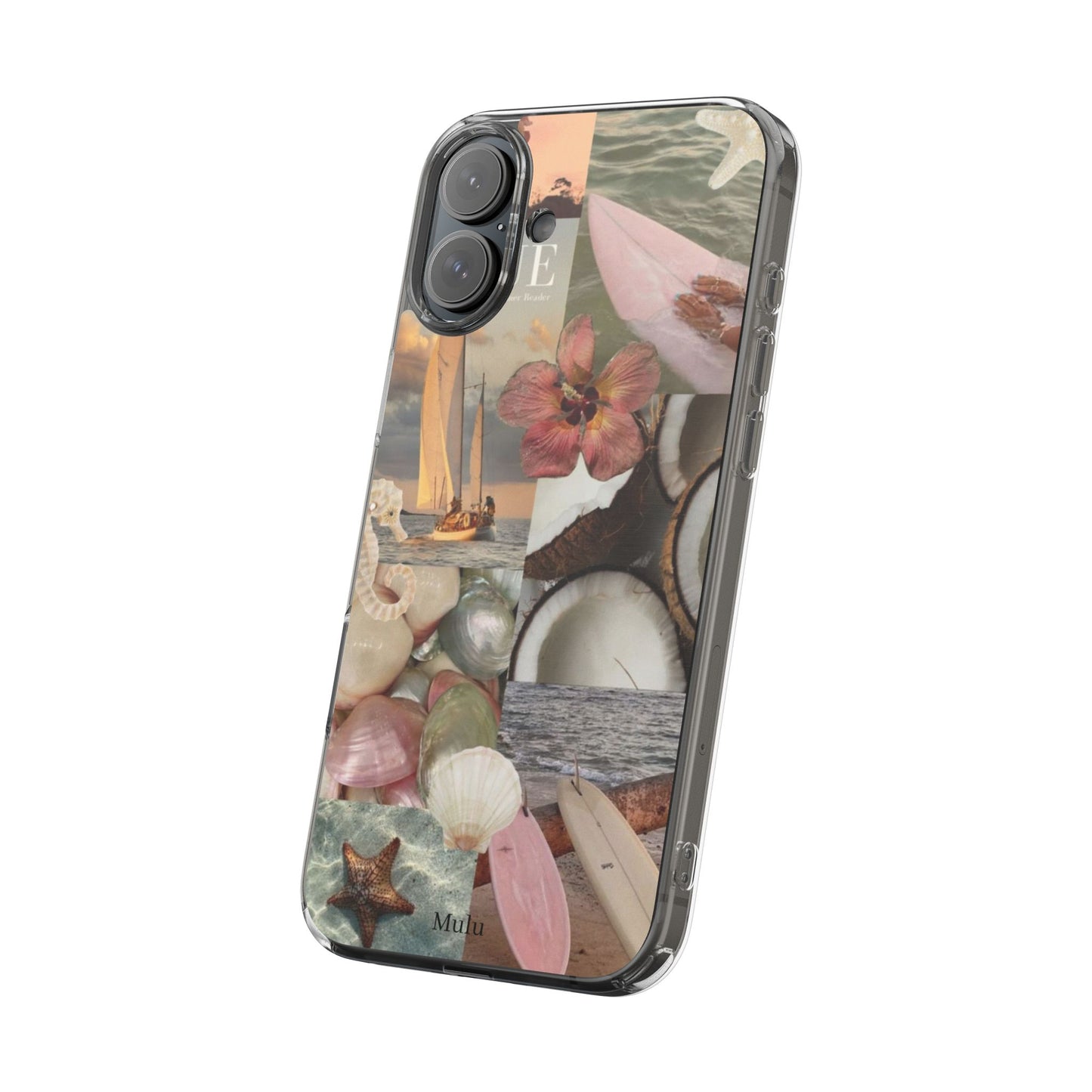 Clear Phone Case — Coastal Collage Shells & Surf Design
