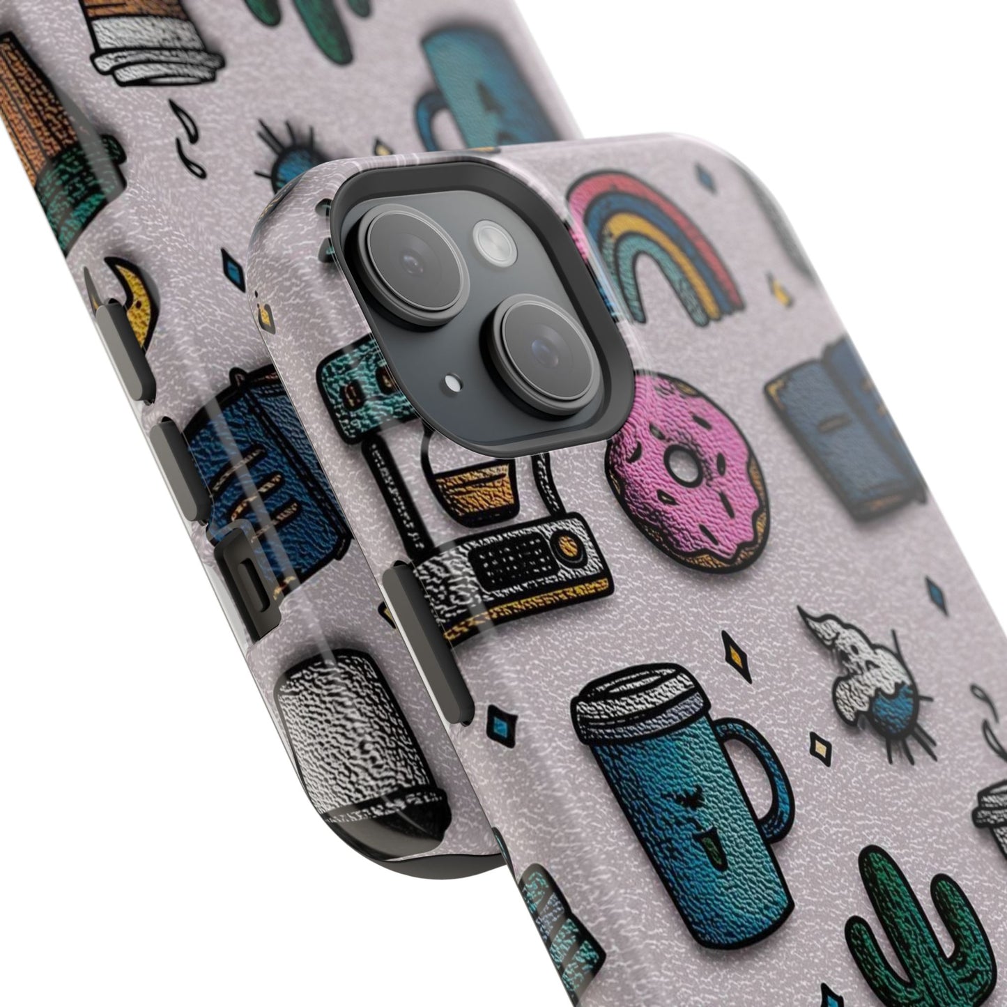 Cute Doodle Phone Case — Magnetic Impact-Resistant Design (coffee, rainbow, cactus)
