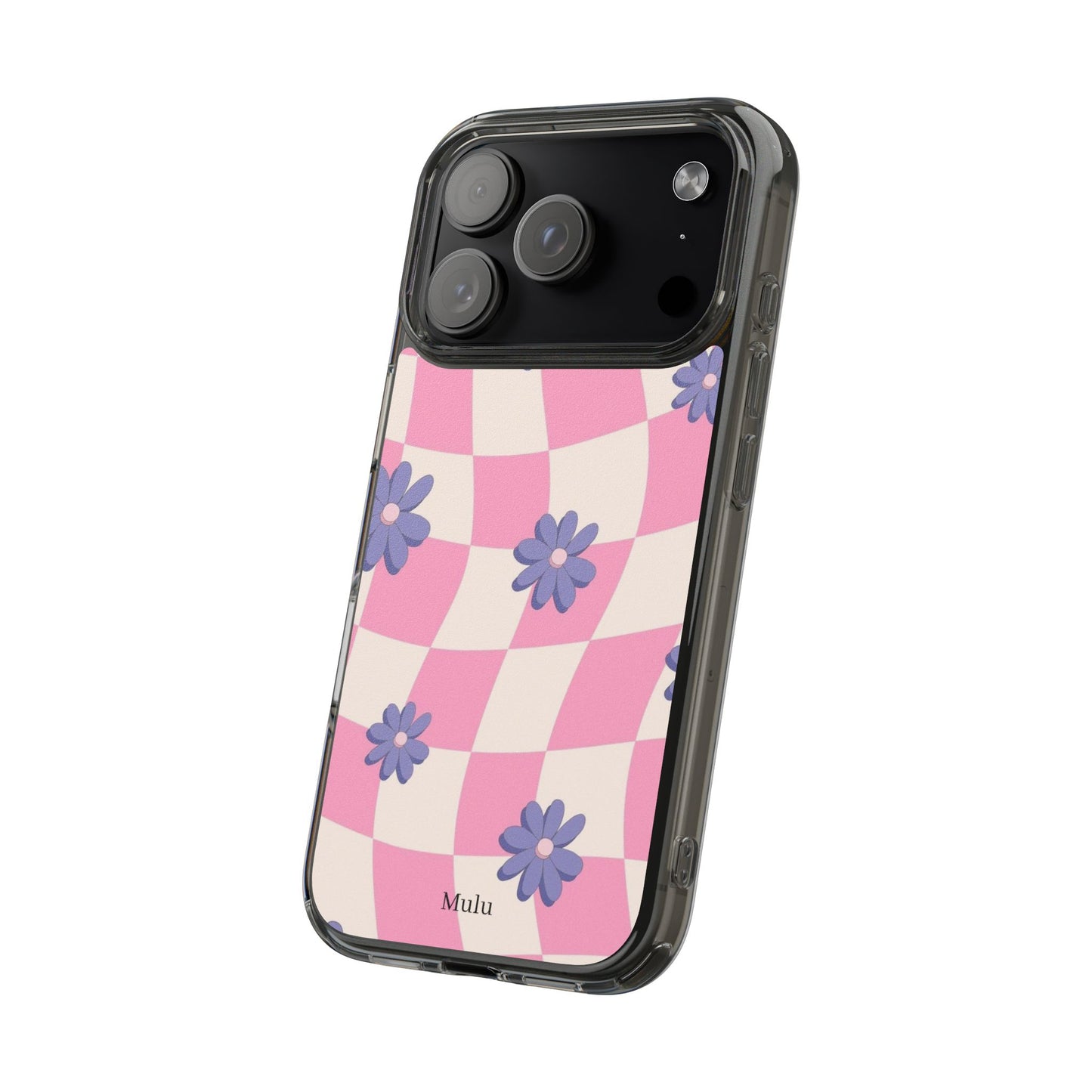 Clear Impact Phone Case — Pink Checkerboard with Purple Flowers
