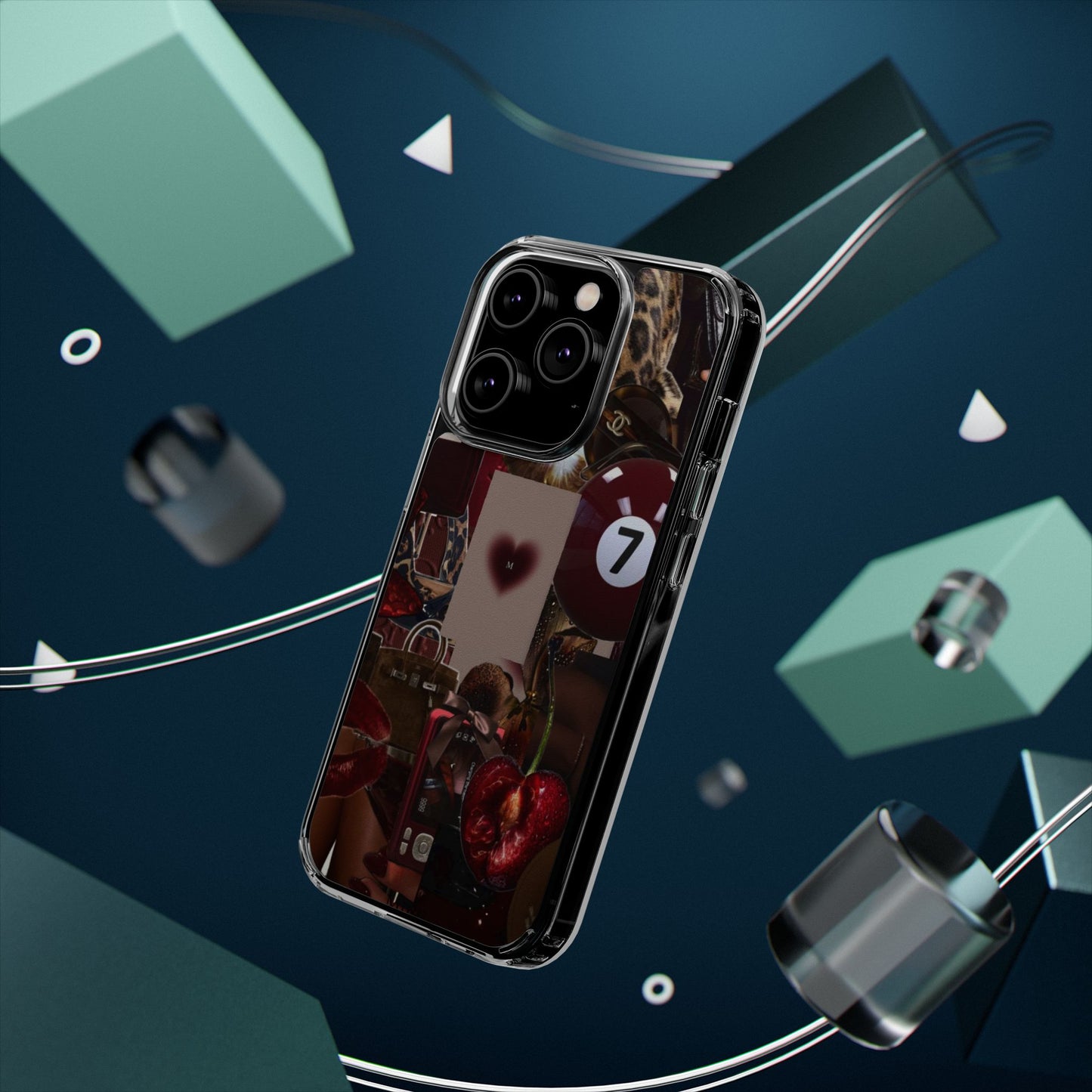 Clear Impact-Resistant Phone Case — Retro Cherry Collage Design