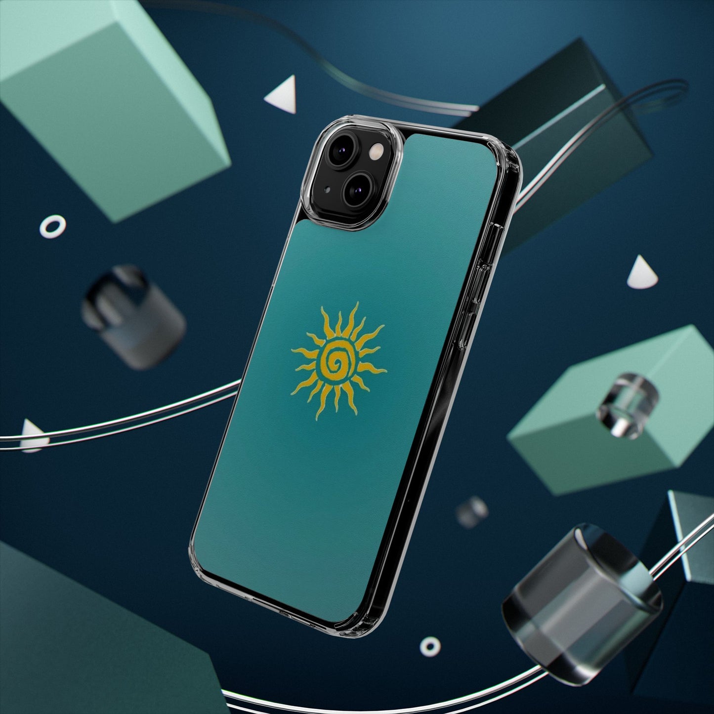 Clear Impact-Resistant Phone Case — Yellow Sun on Teal Gradient