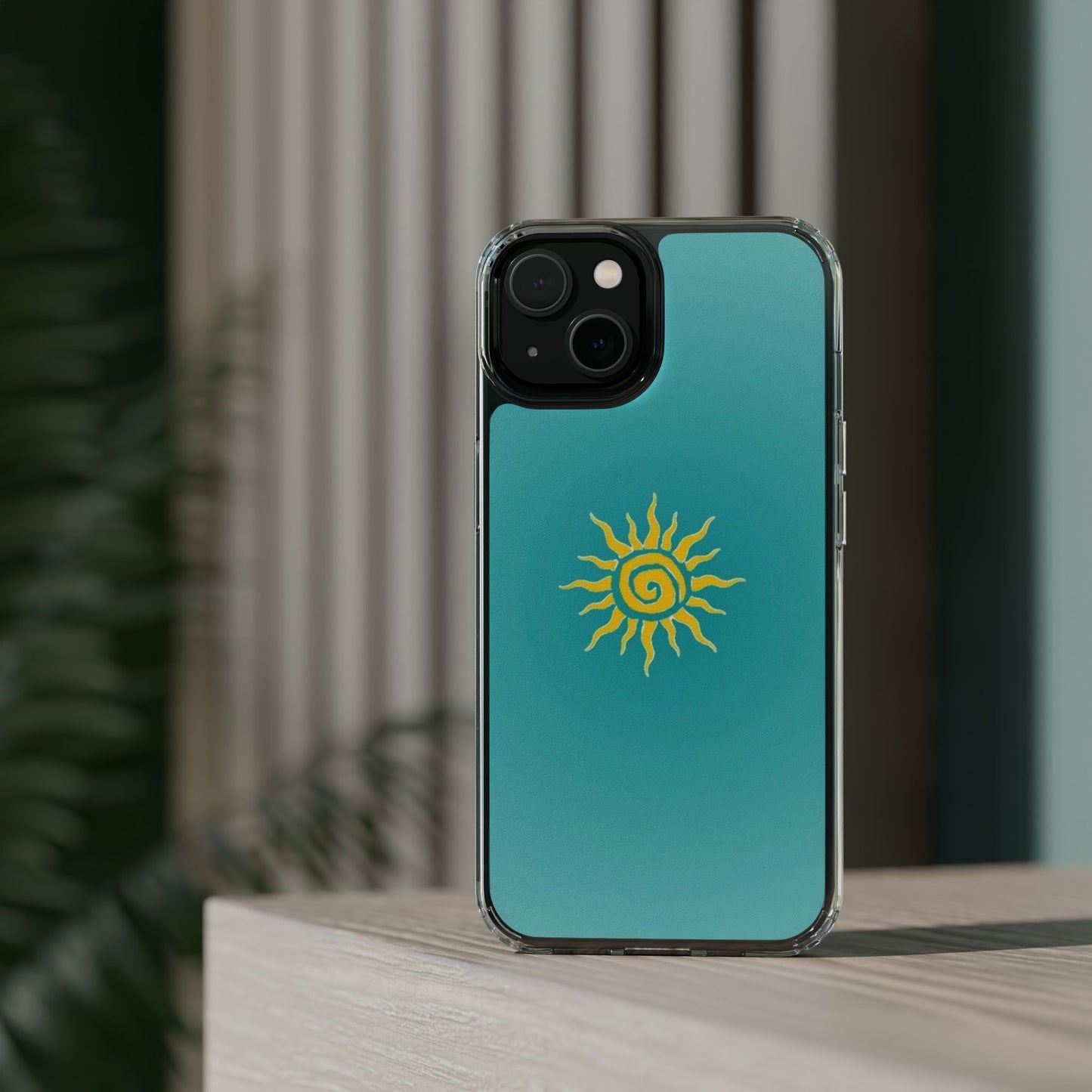 Clear Impact-Resistant Phone Case — Yellow Sun on Teal Gradient
