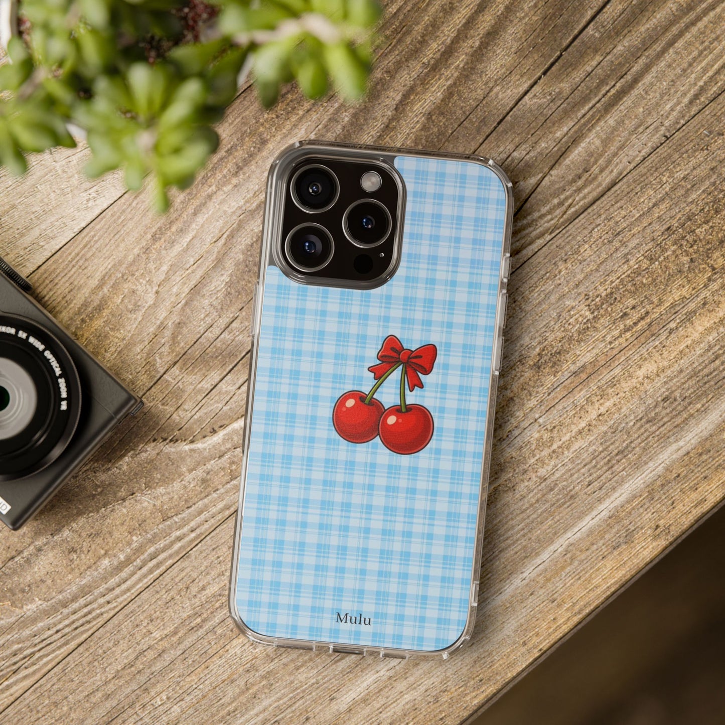 Clear Cherry Gingham Phone Case — Impact-Resistant Clear Case with Red Cherry Design