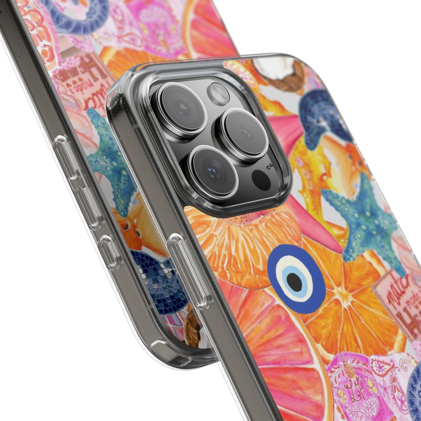 Clear Impact-Resistant Phone Case — Colorful Tropical Collage Design