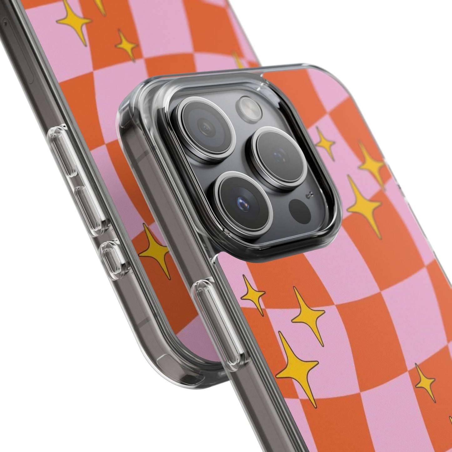 Clear Impact-Resistant Case — Retro Pink & Orange Checker with Sparkle Stars