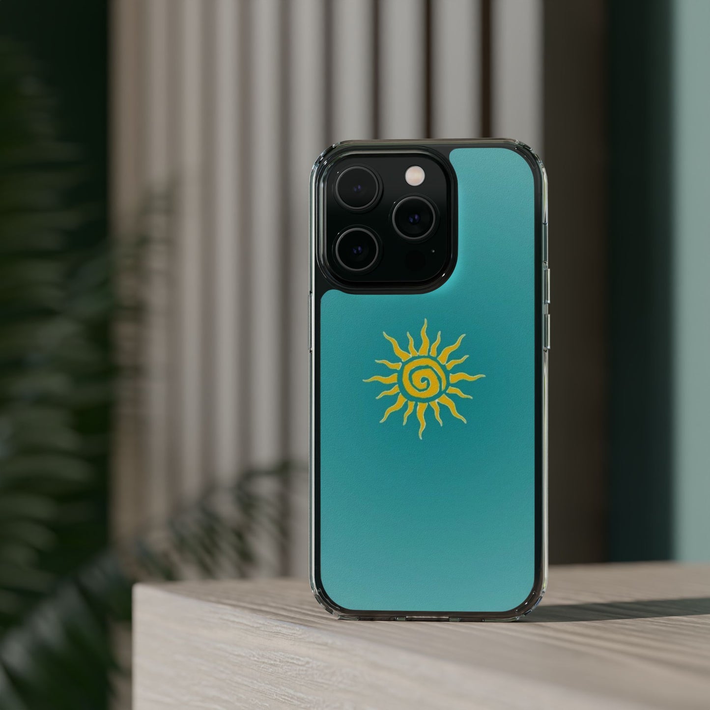 Clear Impact-Resistant Phone Case — Yellow Sun on Teal Gradient