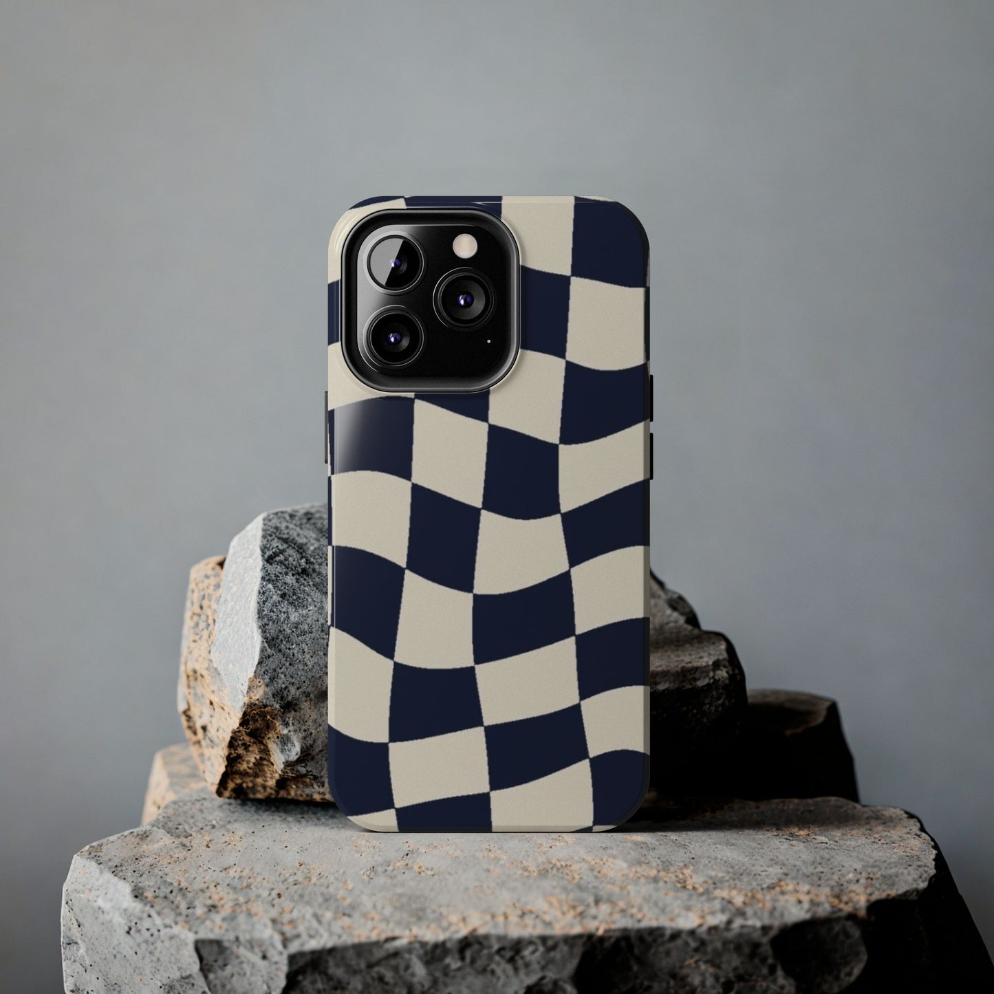 Wavy Checkerboard Tough Phone Case — Navy & Cream Protective Cover