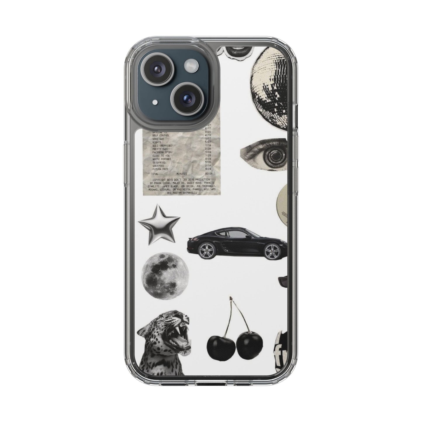 Clear Phone Case — Vintage Collage Stickers (Moon, Eye, Car, Cherries)