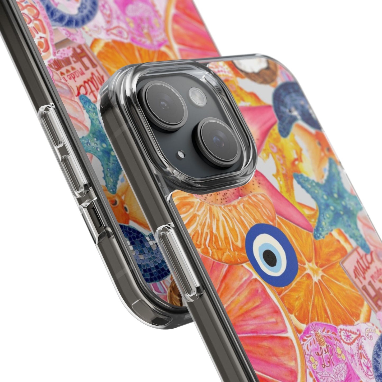 Clear Impact-Resistant Phone Case — Colorful Tropical Collage Design