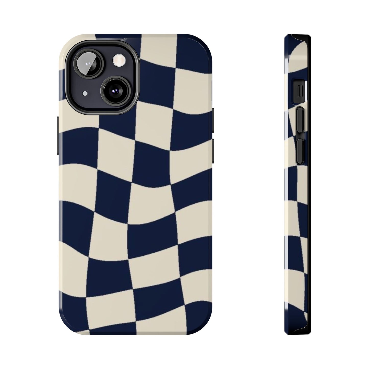 Wavy Checkerboard Tough Phone Case — Navy & Cream Protective Cover