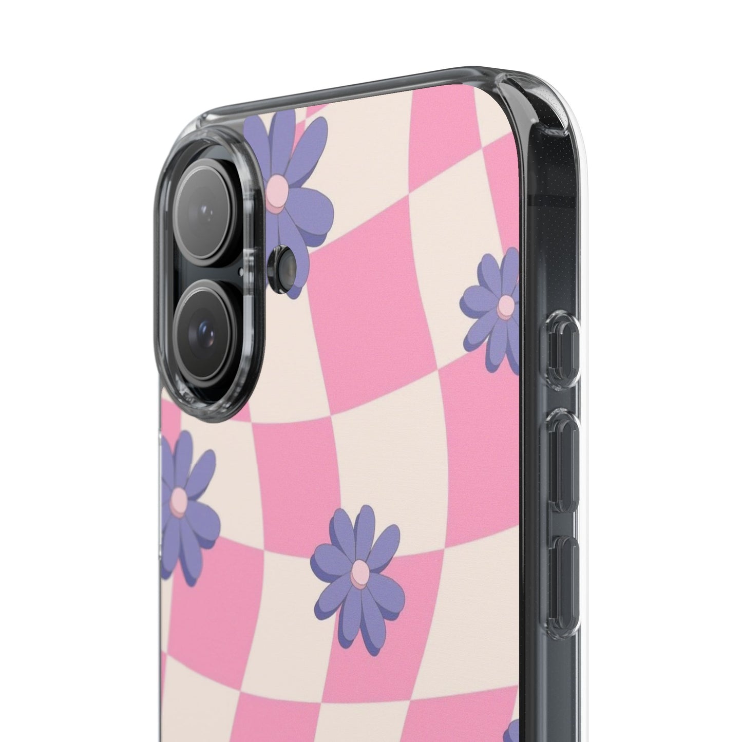 Clear Impact Phone Case — Pink Checkerboard with Purple Flowers