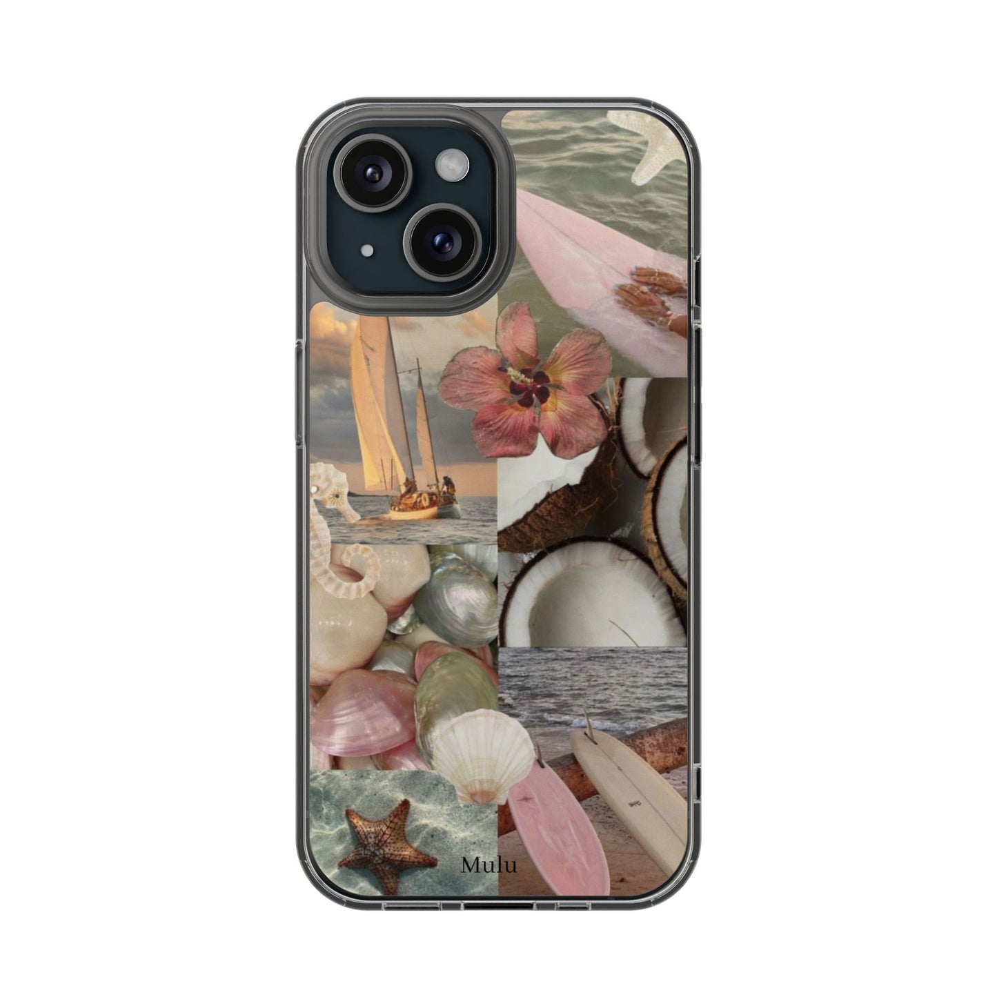 Clear Phone Case — Coastal Collage Shells & Surf Design