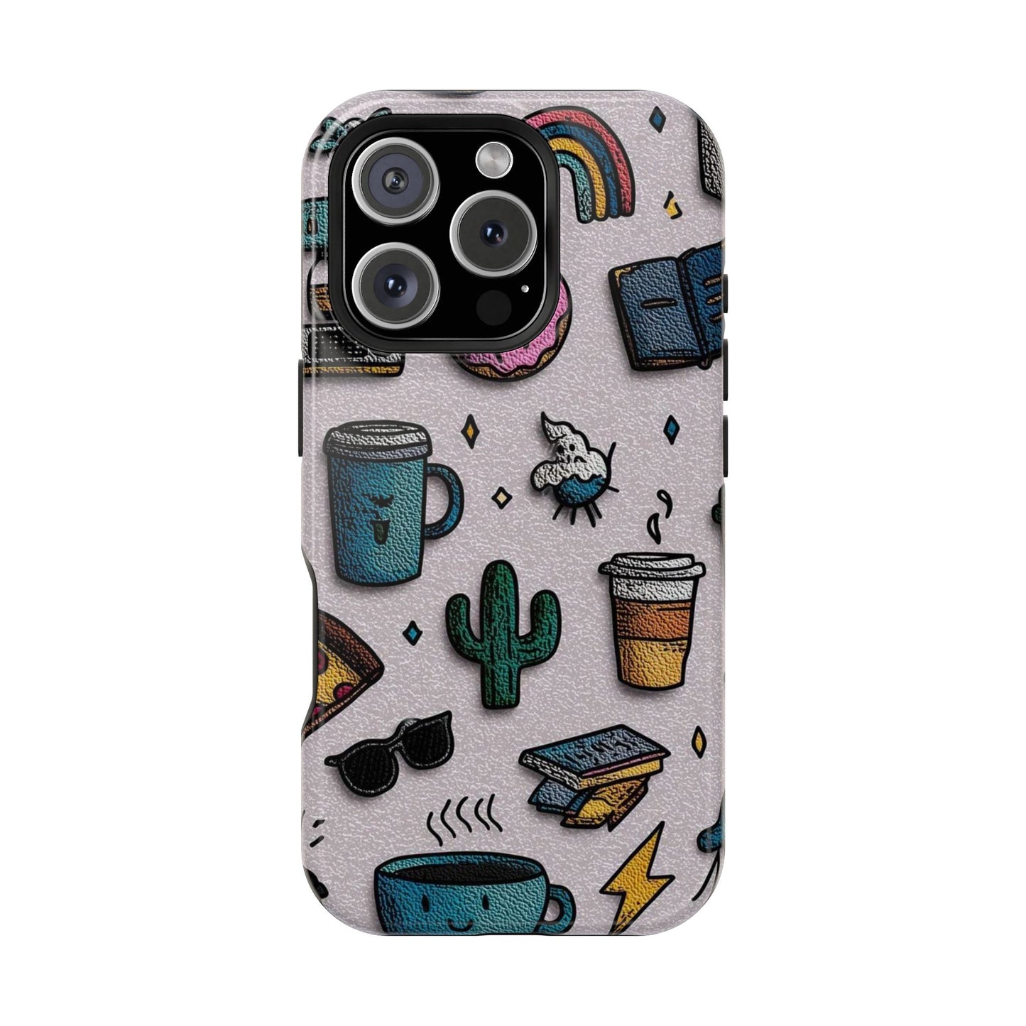 Cute Doodle Phone Case — Magnetic Impact-Resistant Design (coffee, rainbow, cactus)