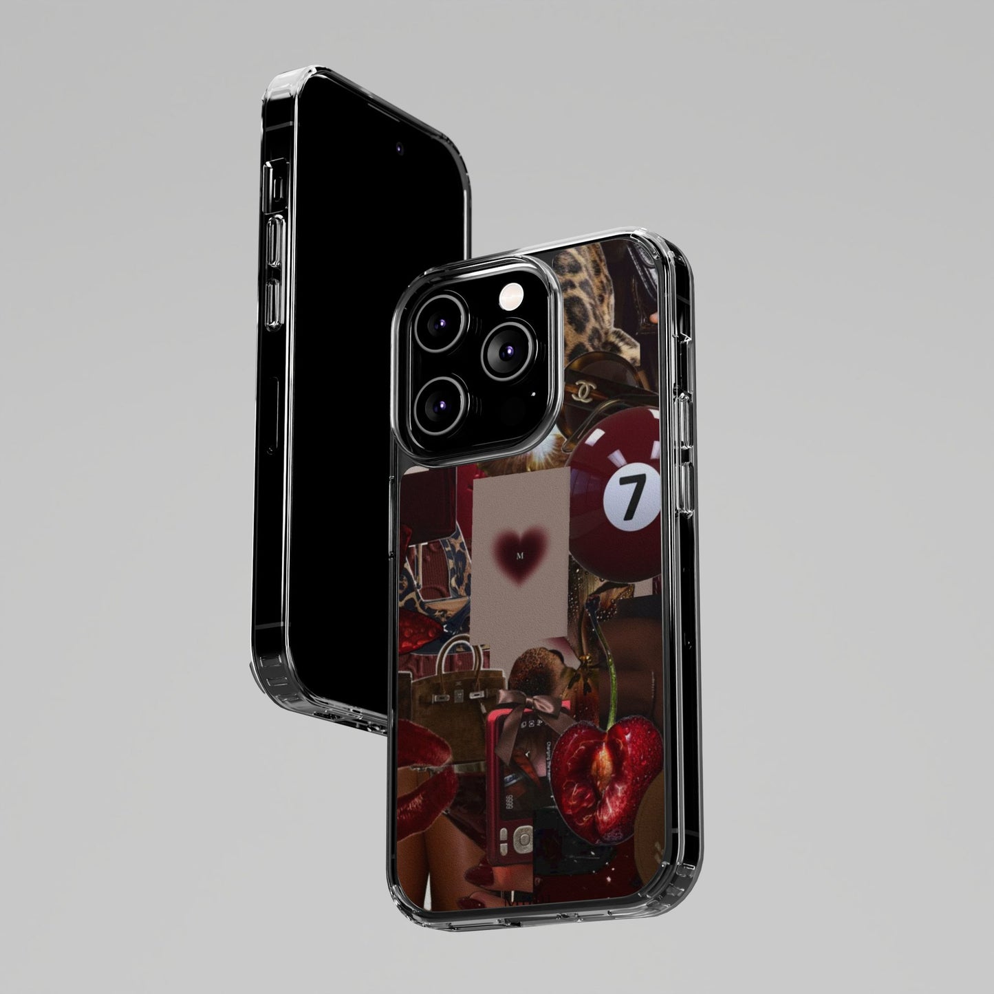 Clear Impact-Resistant Phone Case — Retro Cherry Collage Design