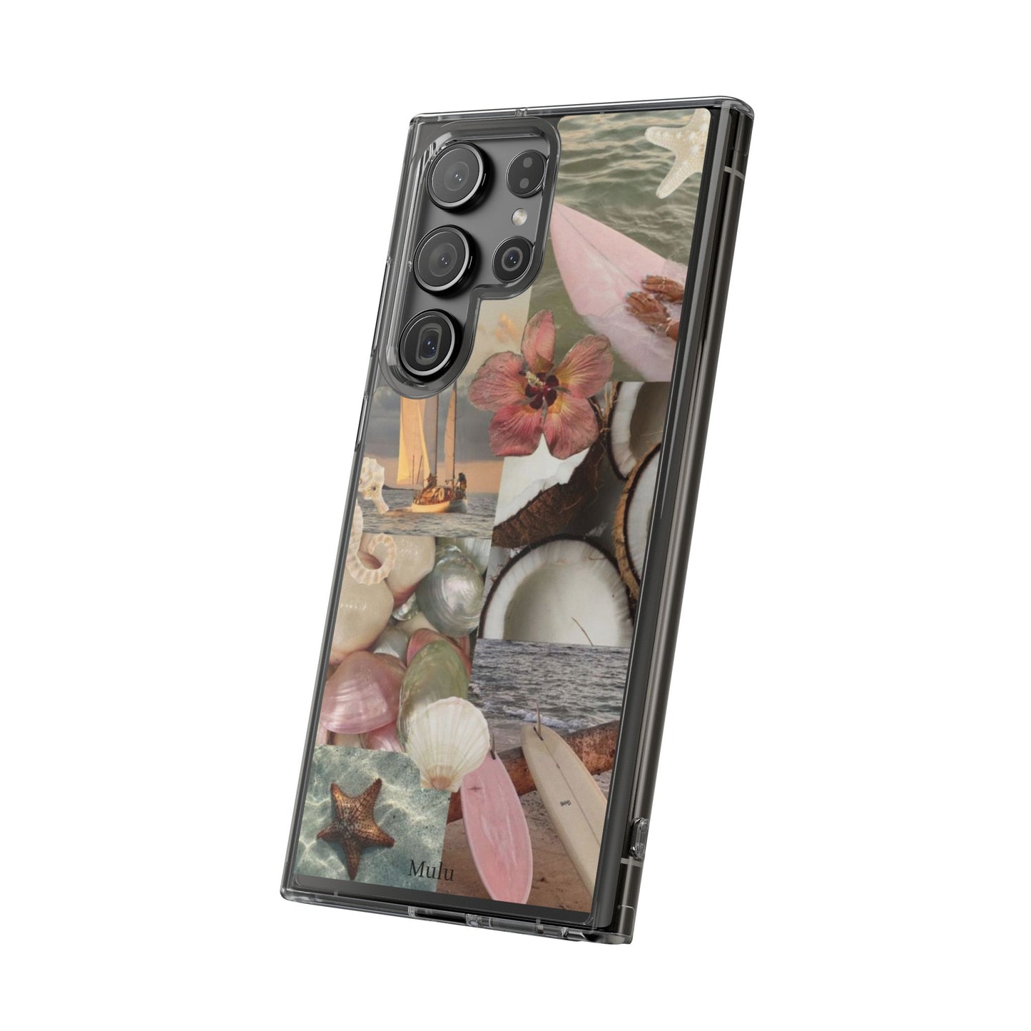 Clear Phone Case — Coastal Collage Shells & Surf Design