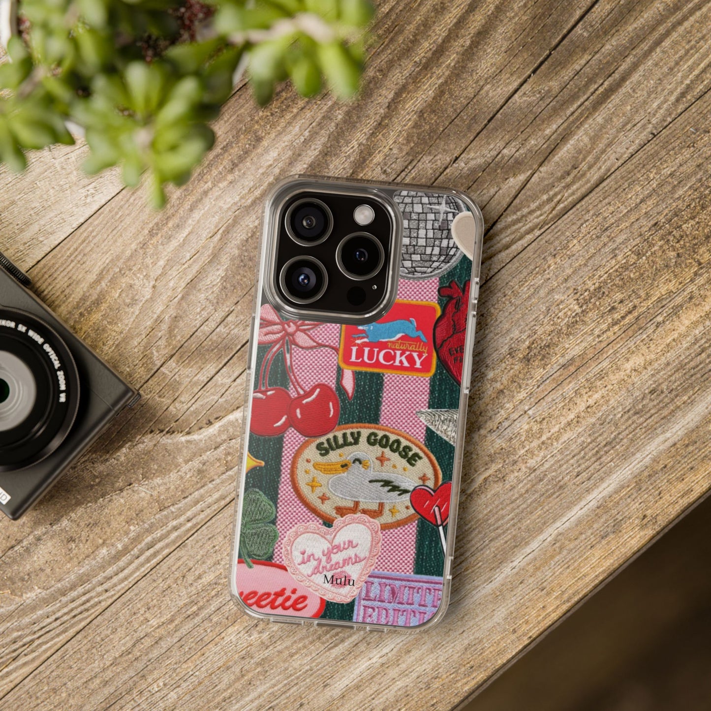 Clear Impact-Resistant Phone Case — Retro Patchwork Stickers (Lucky, Cherries, Silly Goose)