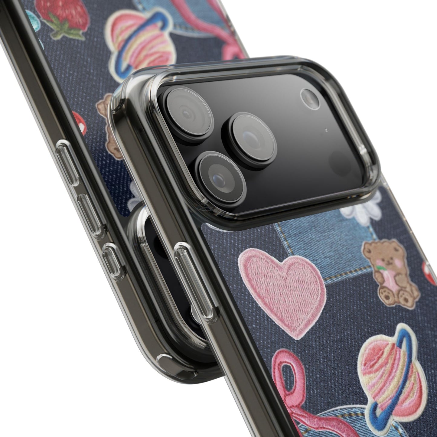 Clear Impact-Resistant Phone Case — Cute Denim Patch Collage (Teddy, Strawberry, Planet)