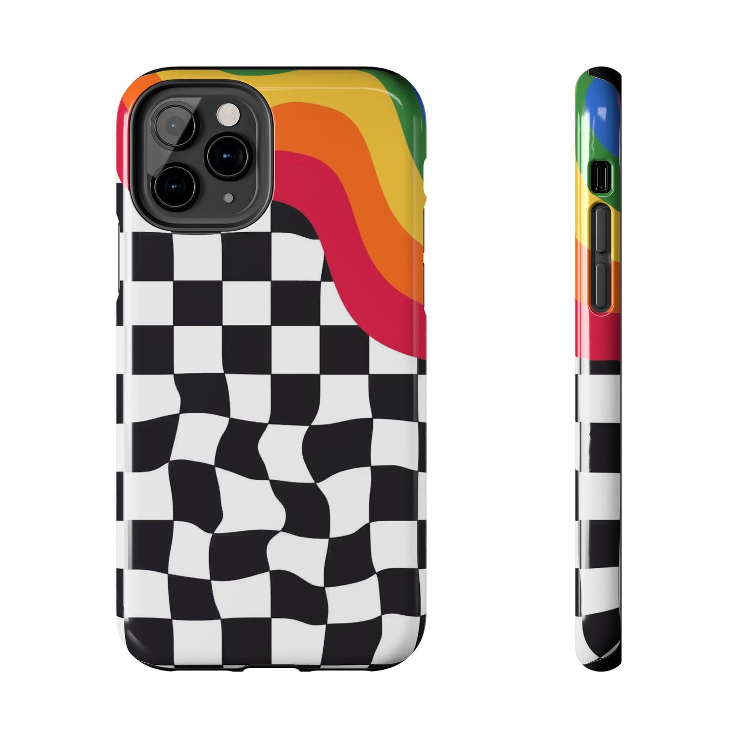Retro Wavy Checkerboard Tough Phone Case — Rainbow Surf Skate Design