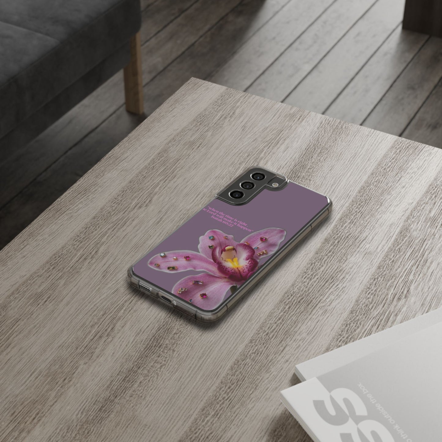 Clear Floral Impact-Resistant Phone Case — "When the time is right" Rose Orchid Design