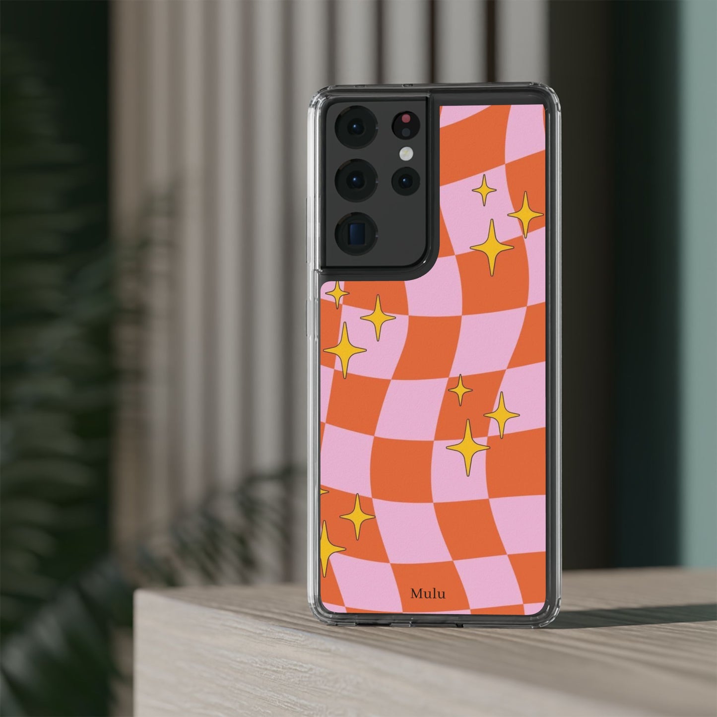 Clear Impact-Resistant Case — Retro Pink & Orange Checker with Sparkle Stars