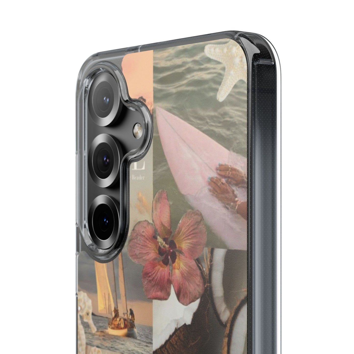 Clear Phone Case — Coastal Collage Shells & Surf Design