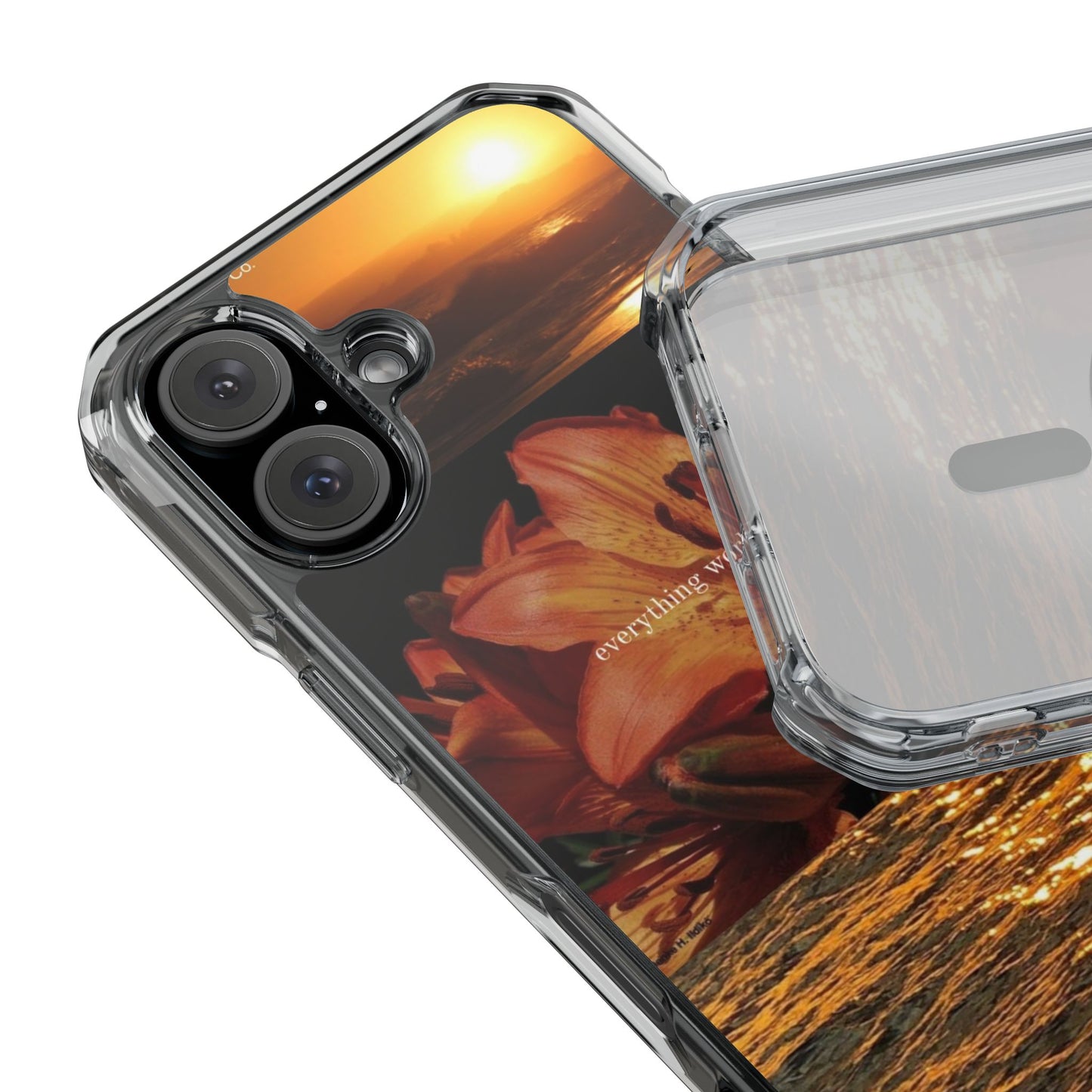 Clear Magnetic Phone Case — Sunset Lily Design ("anything waits for you")