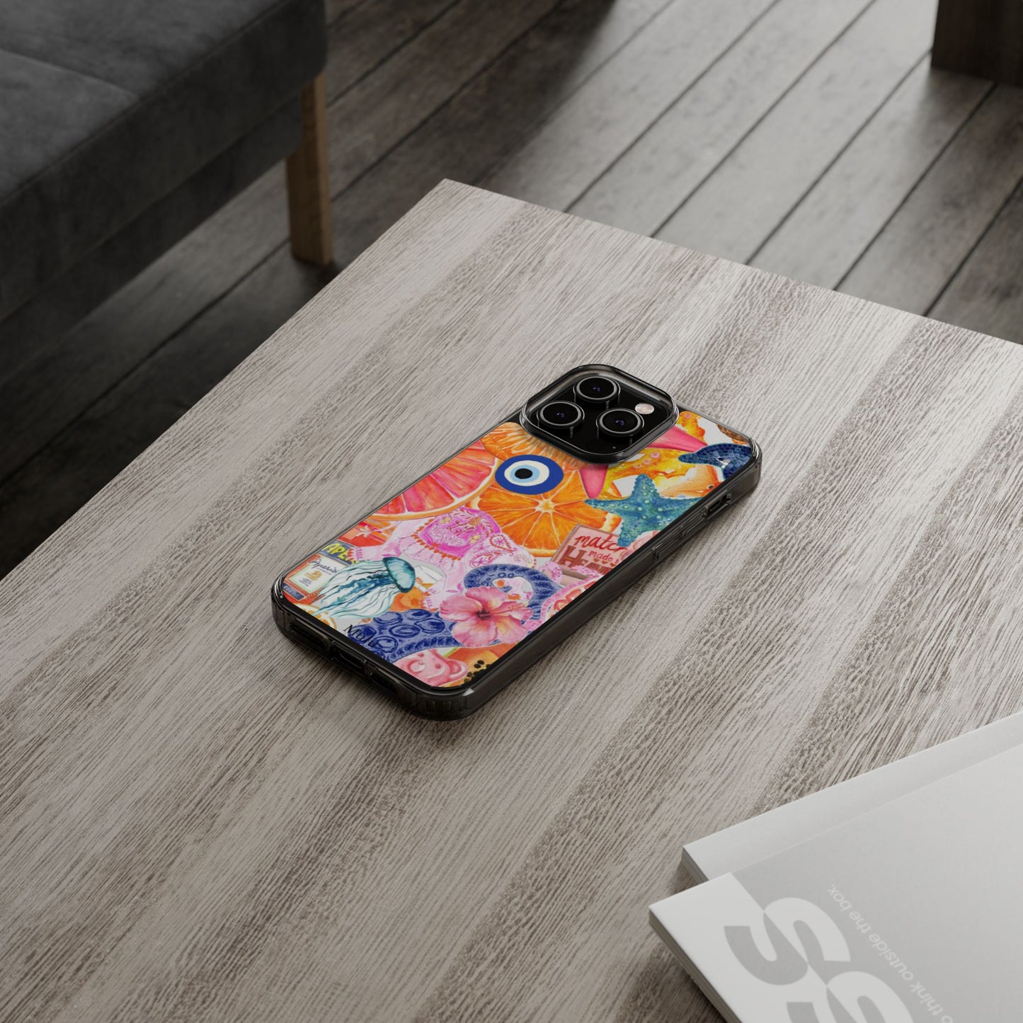 Clear Impact-Resistant Phone Case — Colorful Tropical Collage Design