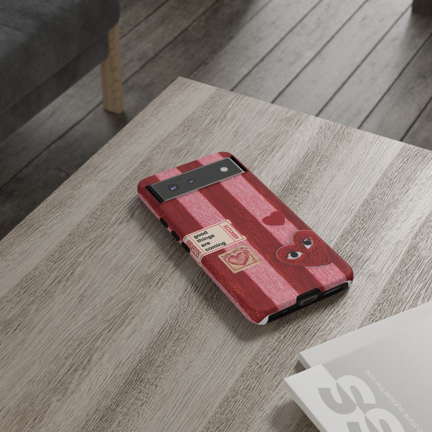 Phone Case — Red Striped Heart Design with “Good Things Are Coming”