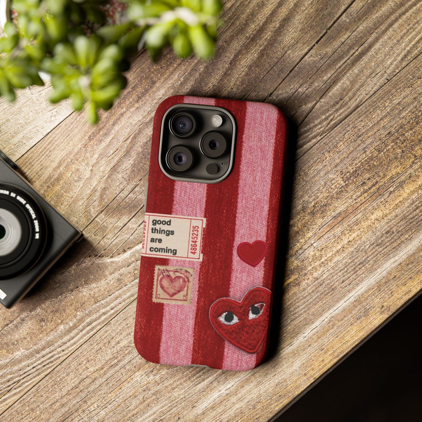 Phone Case — Red Striped Heart Design with “Good Things Are Coming”