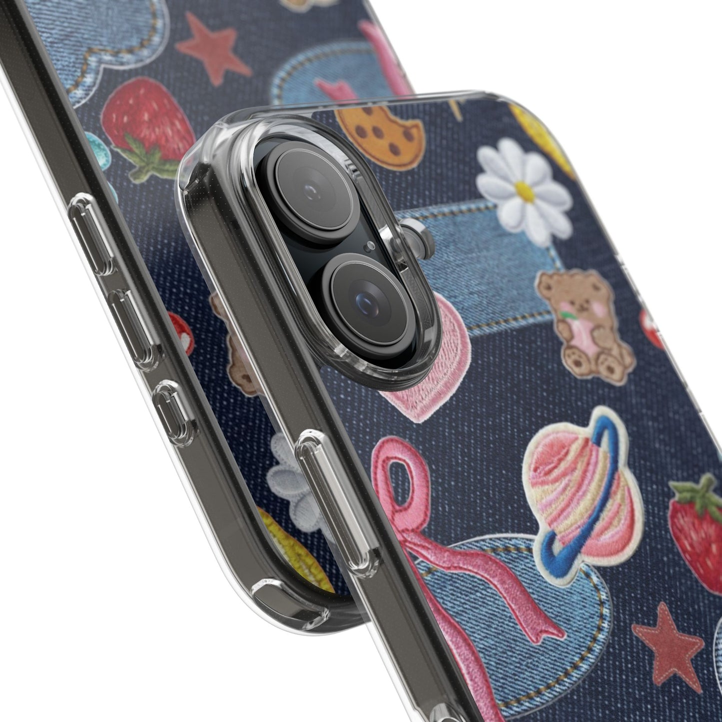 Clear Impact-Resistant Phone Case — Cute Denim Patch Collage (Teddy, Strawberry, Planet)