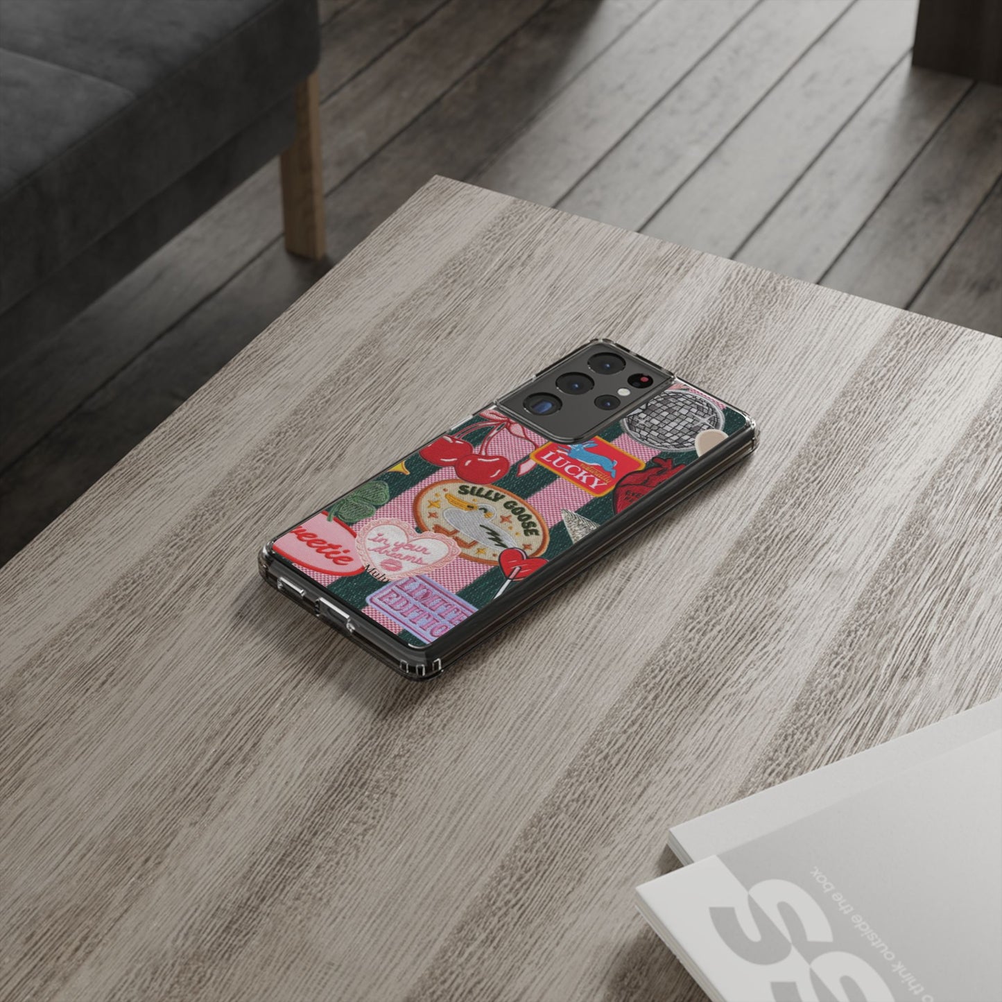 Clear Impact-Resistant Phone Case — Retro Patchwork Stickers (Lucky, Cherries, Silly Goose)