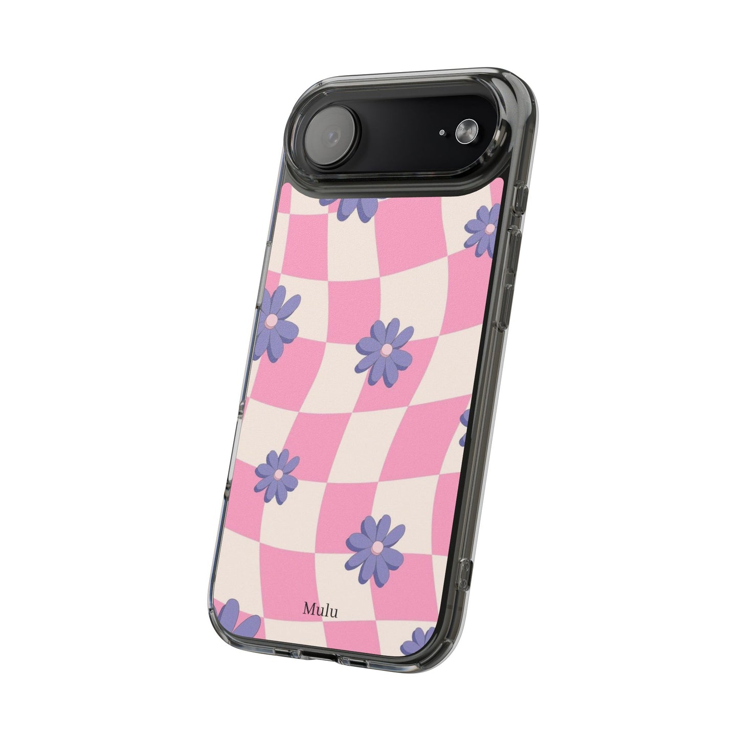 Clear Impact Phone Case — Pink Checkerboard with Purple Flowers