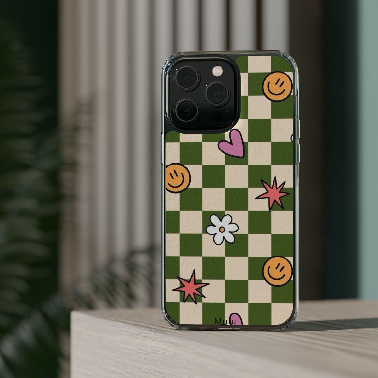 Clear Impact-Resistant Case — Retro Green Checkerboard with Smiley, Hearts & Flowers