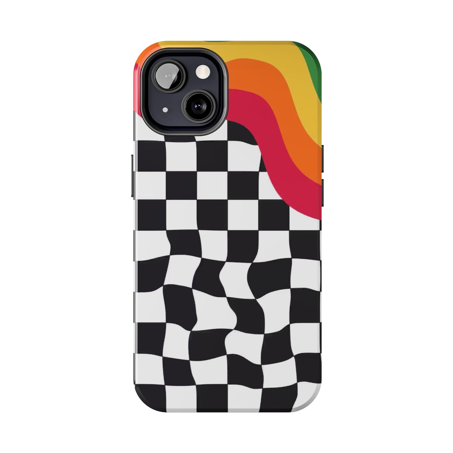 Retro Wavy Checkerboard Tough Phone Case — Rainbow Surf Skate Design