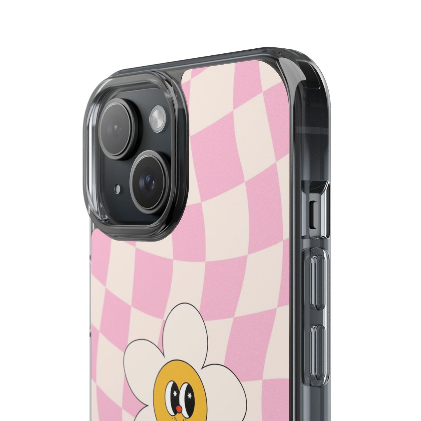Clear Impact-Resistant Phone Case — Pink Checkerboard Daisy Design