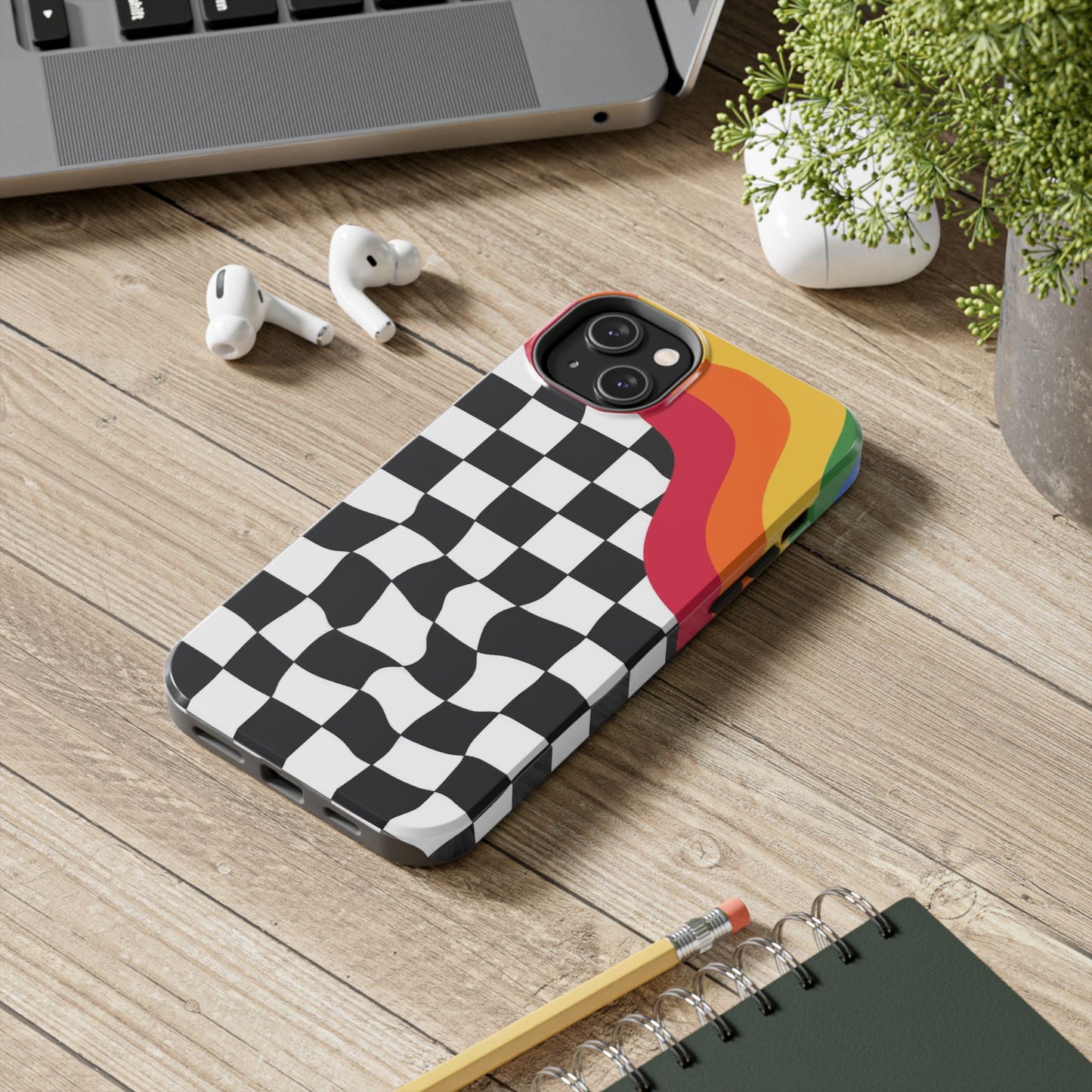Retro Wavy Checkerboard Tough Phone Case — Rainbow Surf Skate Design