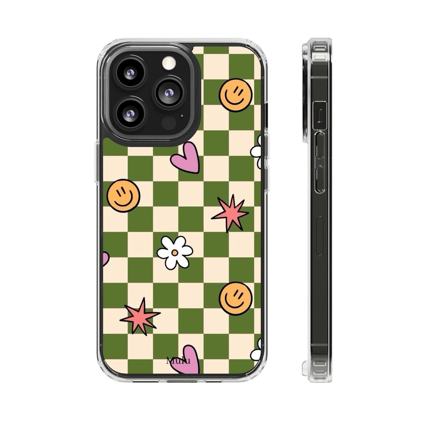 Clear Impact-Resistant Case — Retro Green Checkerboard with Smiley, Hearts & Flowers