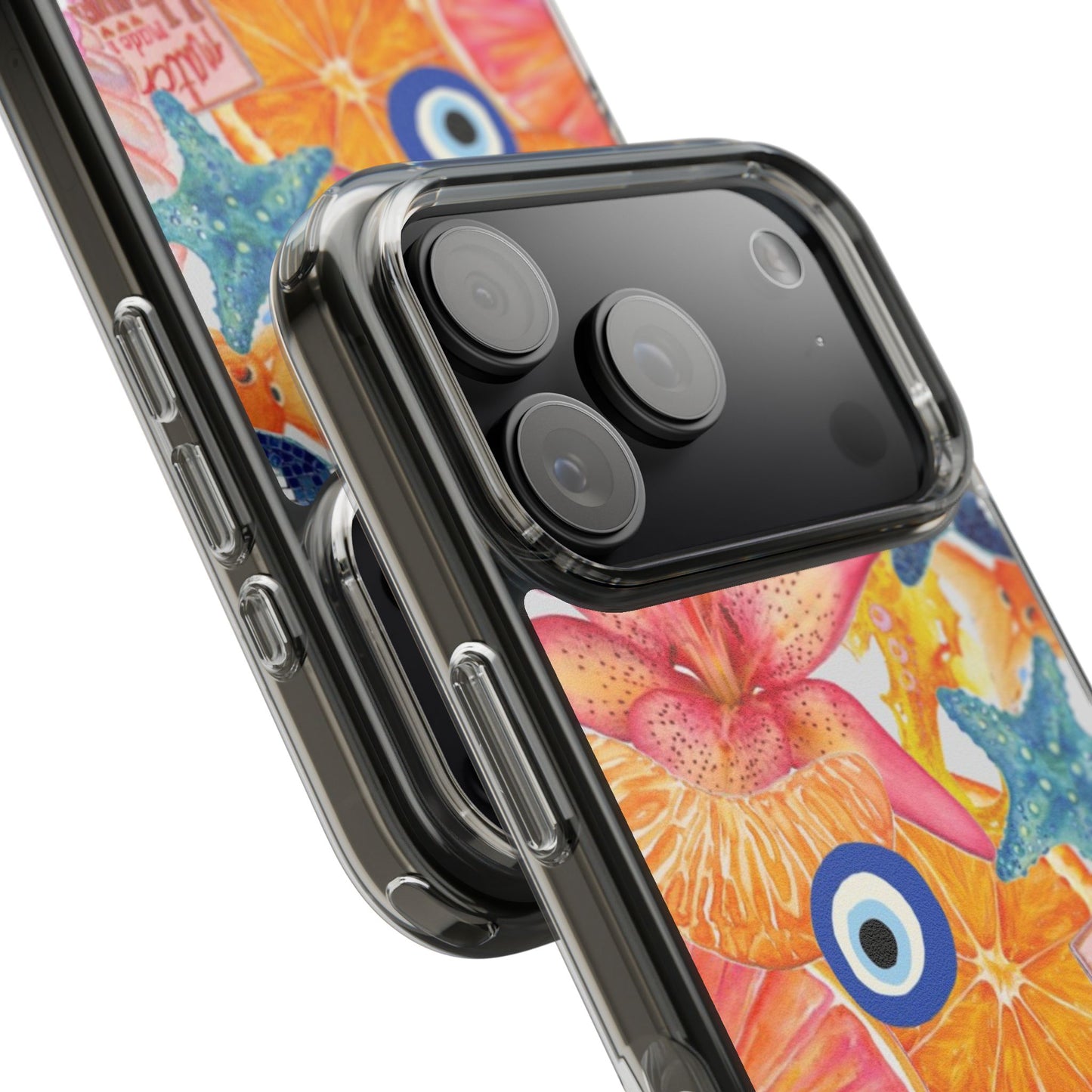 Clear Impact-Resistant Phone Case — Colorful Tropical Collage Design