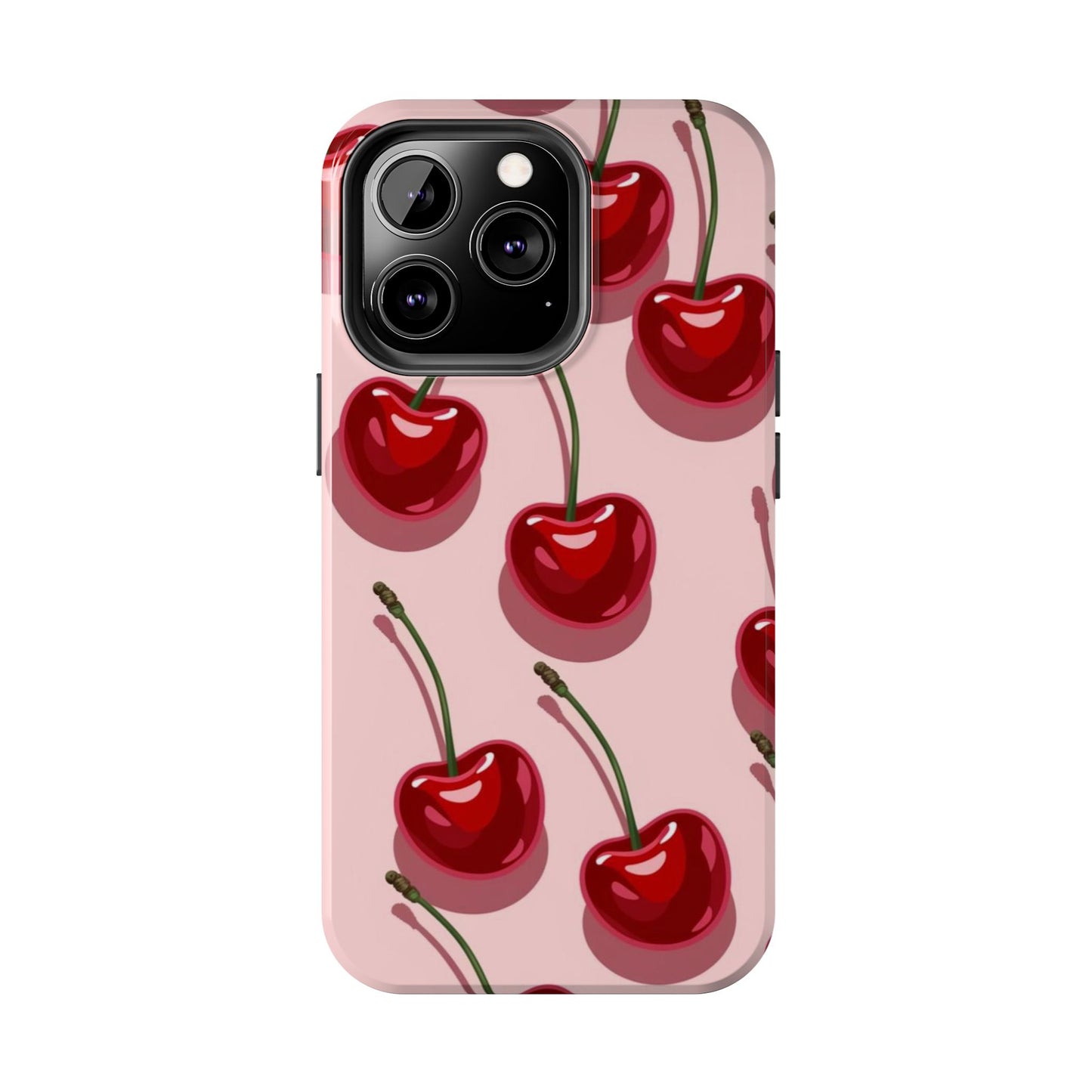 Cherry Pattern Tough Phone Case — Retro Pink Cherry Print Protective Phone Case