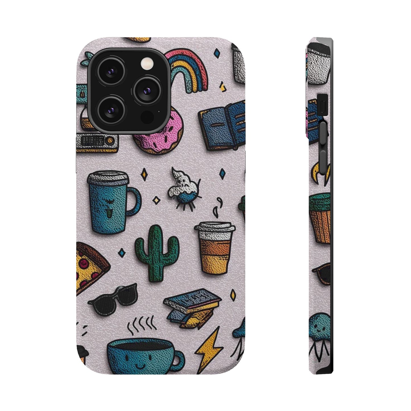 Cute Doodle Phone Case — Magnetic Impact-Resistant Design (coffee, rainbow, cactus)
