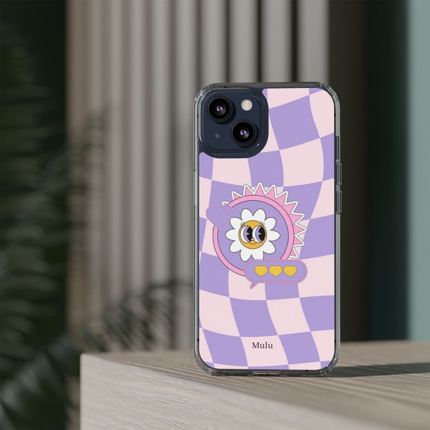 Clear Impact-Resistant Case — Cute Purple Checkerboard Dino with 'Mulu'