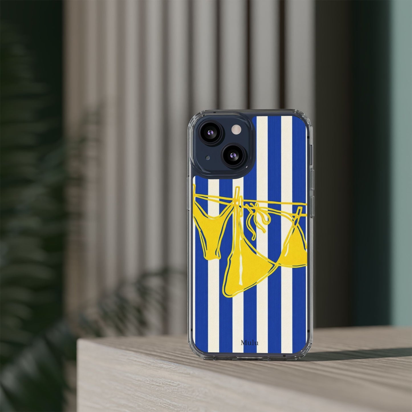 Striped Beach Bikini Phone Case — Yellow Swimwear on Blue & White Stripes, Clear Impact-Resistant
