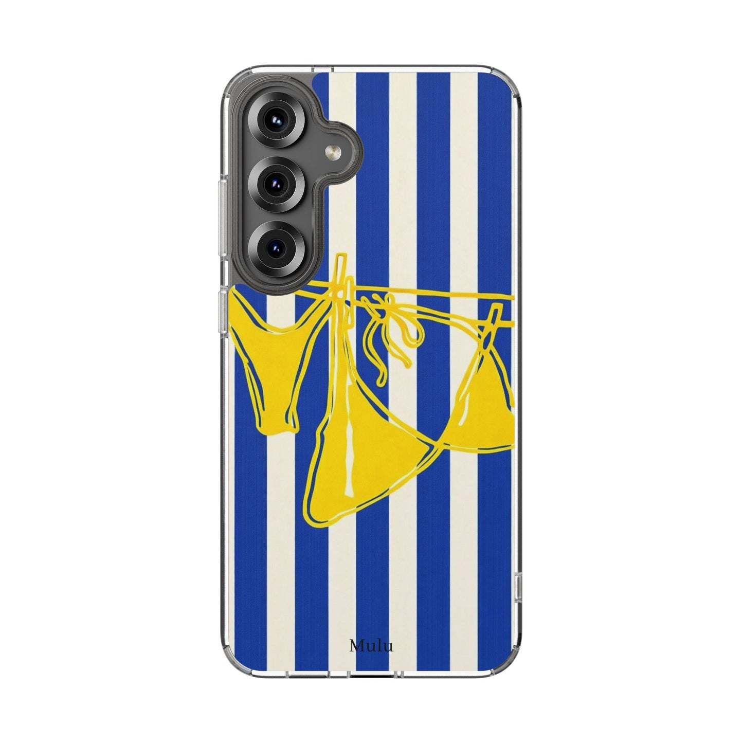Striped Beach Bikini Phone Case — Yellow Swimwear on Blue & White Stripes, Clear Impact-Resistant